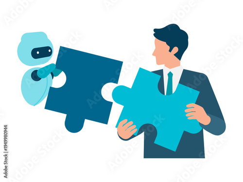 Collaborative business strategy featuring an AI assistant robot and a businessman completing a puzzle, representing innovative problem solving, project management.