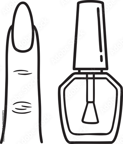 Black and white illustration of a nail polish bottle and a fingernail