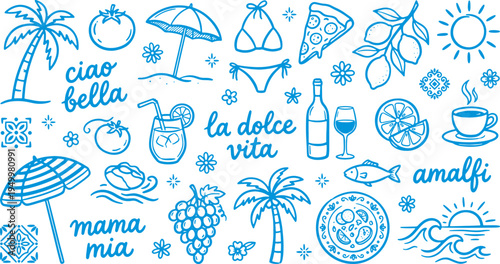 Italian summer vacation icons with palm trees food and drinks on white background