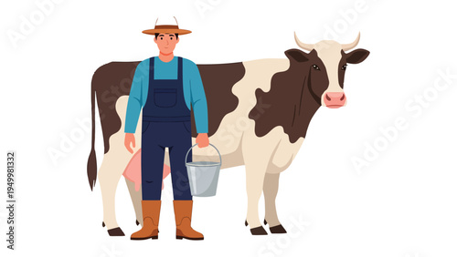 Farmer and Dairy Cow: A farmer stands with a bucket in hand next to a healthy dairy cow, highlighting the harmony of farm life.
