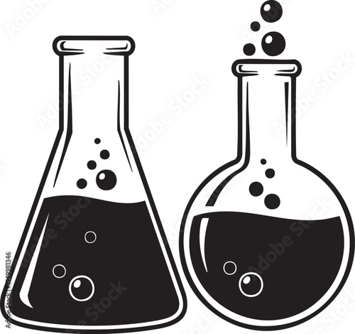 Two black and white illustration of conical flasks with bubbles rising
