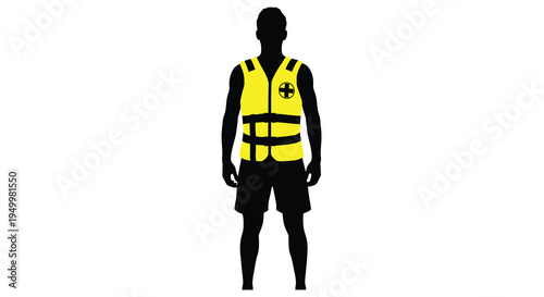 Man wearing a yellow life vest front view isolated silhouette