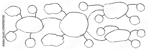 Handdrawn black crayon flowchart or a mindmap on white bg. Several connected bubbles connected with lines on white board. Sketch of a diagram in doodle style. Vector illustration