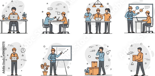 Diverse professionals in modern office settings, collaborating and working