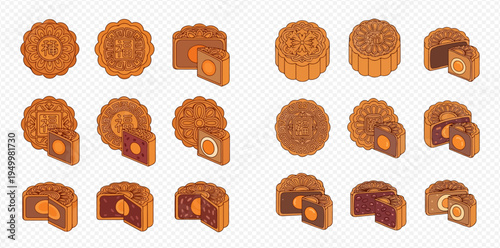 Set of traditional Chinese mooncakes with various fillings, whole and cut, for Mid-Autumn Festival celebration.