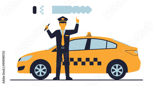 Taxi Driver and Cab: An illustration of a taxi driver with a yellow cab, taxi key, representing transportation services. 
