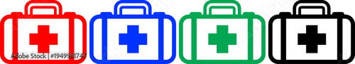 First aid kit icons in red blue green and black colors on transparent background simple