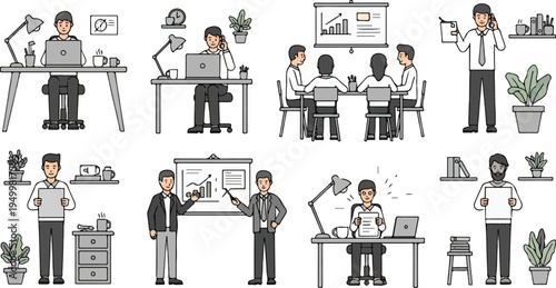 Office scenes featuring people working, presenting, and in meetings