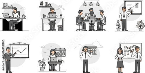 Office scenes individuals and groups working, presenting, and collaborating