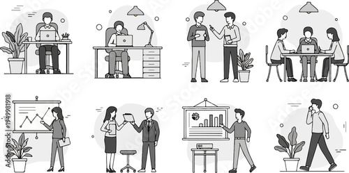 Stylized figures engage in various office activities, including working on laptops, discussing, and presenting