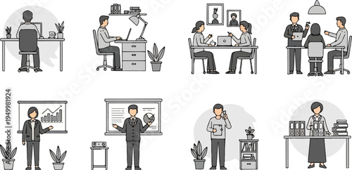 Business illustrations showing diverse office scenes and work activities