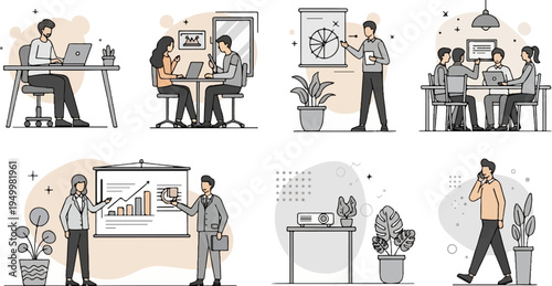 Business meeting and presentation scenes with people working and communicating