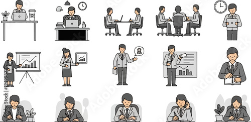 Office workers engaged in various professional activities, including meetings and presentations