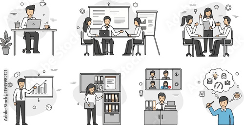 Cartoon office scenes with people working, presenting, and brainstorming