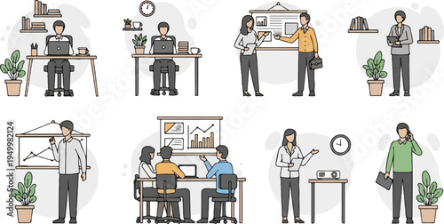 Colleagues collaborate in modern office scenes with presentations and tasks