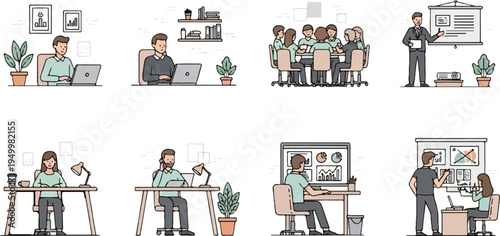 Office scenes work, meetings, presentations, and individual tasks