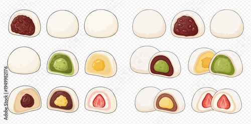 Set of various mochi desserts with different fillings, traditional Japanese sweet rice cakes.