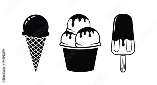 Three black ice cream treats a cone cup and popsicle silhouette