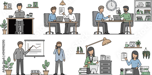 Office scenes with people working, presenting, and collaborating on laptops