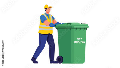 City Sanitation Work: A dedicated sanitation worker, clad in protective gear, diligently pushes a large waste container, embodying the unsung heroes who maintain urban cleanliness.