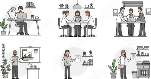 Office scenes individuals working, meetings, and presentations