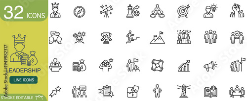 Leadership icon line vector outline business management strategy set of 32 editable stroke symbols for team success, career growth, planning, vision, motivation, presentation design