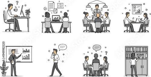 Office scenes meetings, presentations, individual work, and collaboration