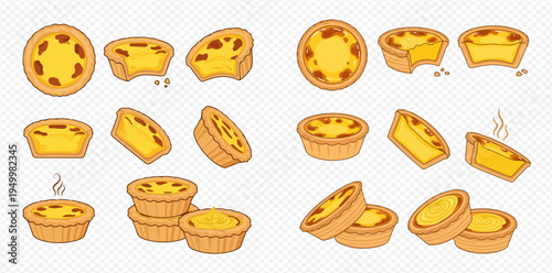 Set of delicious Portuguese egg tarts in various angles and arrangements.