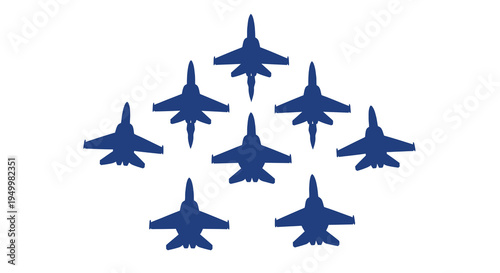 Formation of blue fighter jets flying in a distinct pattern silhouette
