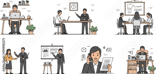 Office staff in various business meetings and individual work scenarios