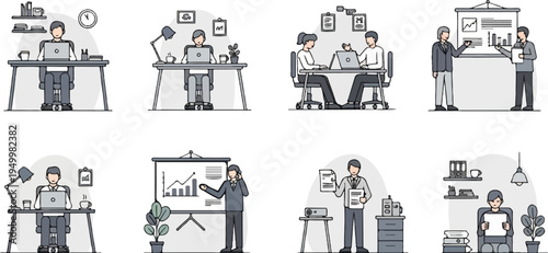 Business illustration scenes people working, presenting, and collaborating at desks