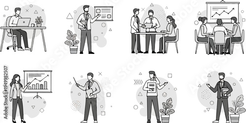 Business people in various work scenarios, presentations, and meetings