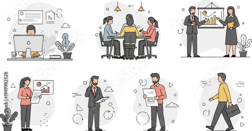 Business people in various office and meeting scenarios