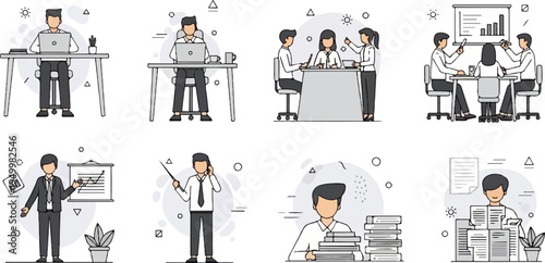 Business people working in an office, attending meetings and presenting charts