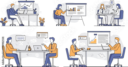 Business professionals collaborate and present data in office settings (2)