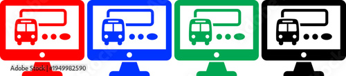 Four computer monitors with bus route map on screen in red blue green and black