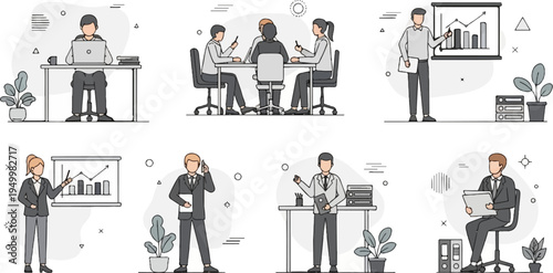 Business meeting, presentation, desk work, and office phone call