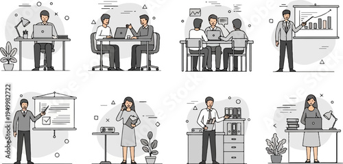 Business professionals in various office settings, presenting, collaborating, and working