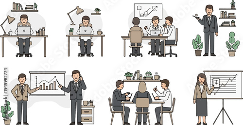 Business people collaborating, presenting, and working at desks in office settings (1)