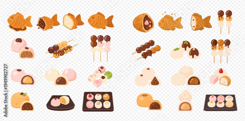 Collection of traditional Japanese sweets and desserts, including taiyaki, mochi, and dango, in various flavors and presentations.