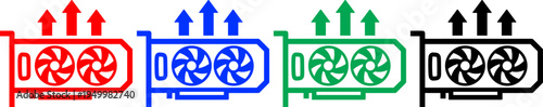 Four graphic cards with cooling fans and air flow arrows in red blue green and black colors