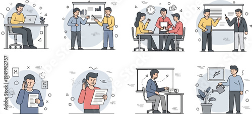 Business scene illustrations with people in various office settings
