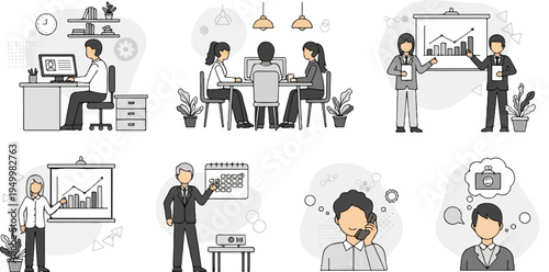 Business team in various work scenarios, including meetings, presentations and individual tasks