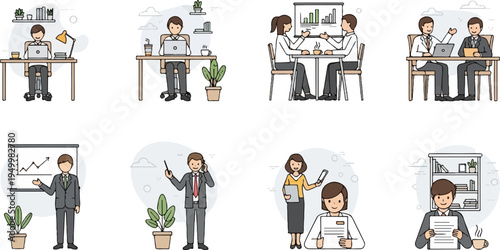 Colleagues collaborate and work at desks, in meetings, and presenting