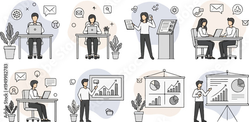 Business professionals collaborating and presenting data at workstations and meeting rooms