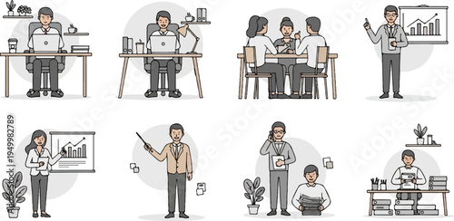 Colleagues collaborate at desks, in meetings, and present data