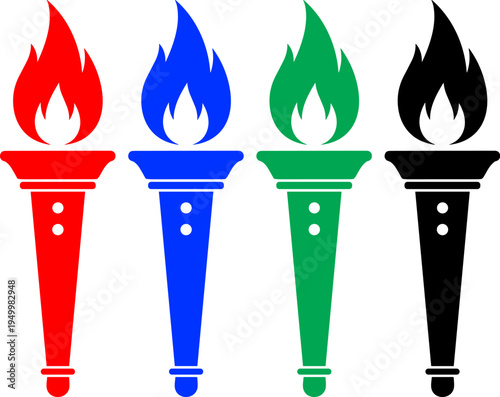 Four torches in red blue green and black representing Olympic games or achievement