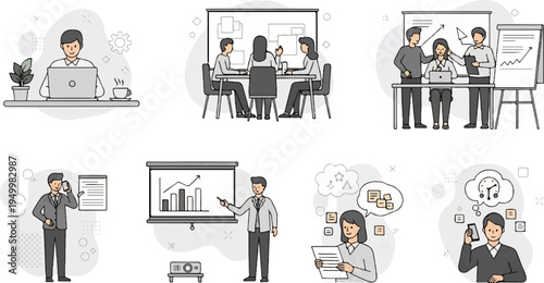 Business team collaboration and individual tasks in a modern office setting