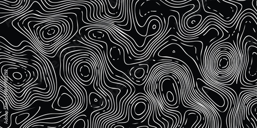 Dark topography pattern with layered white isolines creating abstract terrain structures, clean vector texture.