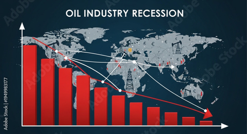 Oil Industry Recession Visualized with Declining Bar Graph and World Map.